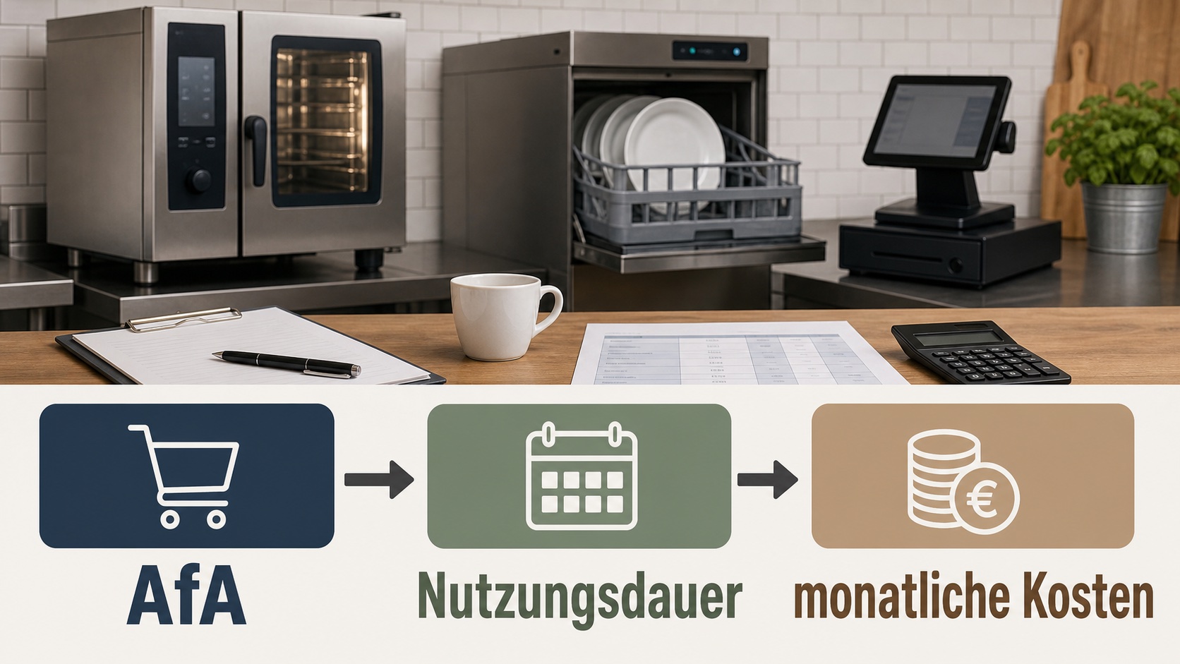 Infografik zur AfA in der Gastronomie von Küchengeräten über Nutzungsdauer zu monatlichen Kosten