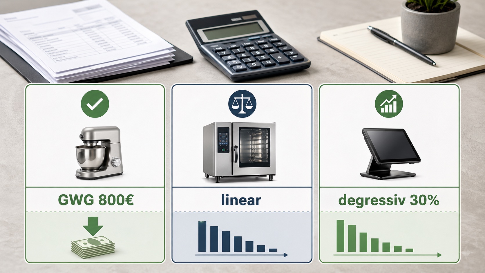 Infografik zur Wahl zwischen GWG, linearer AfA und degressiver AfA 30% in der Gastronomie