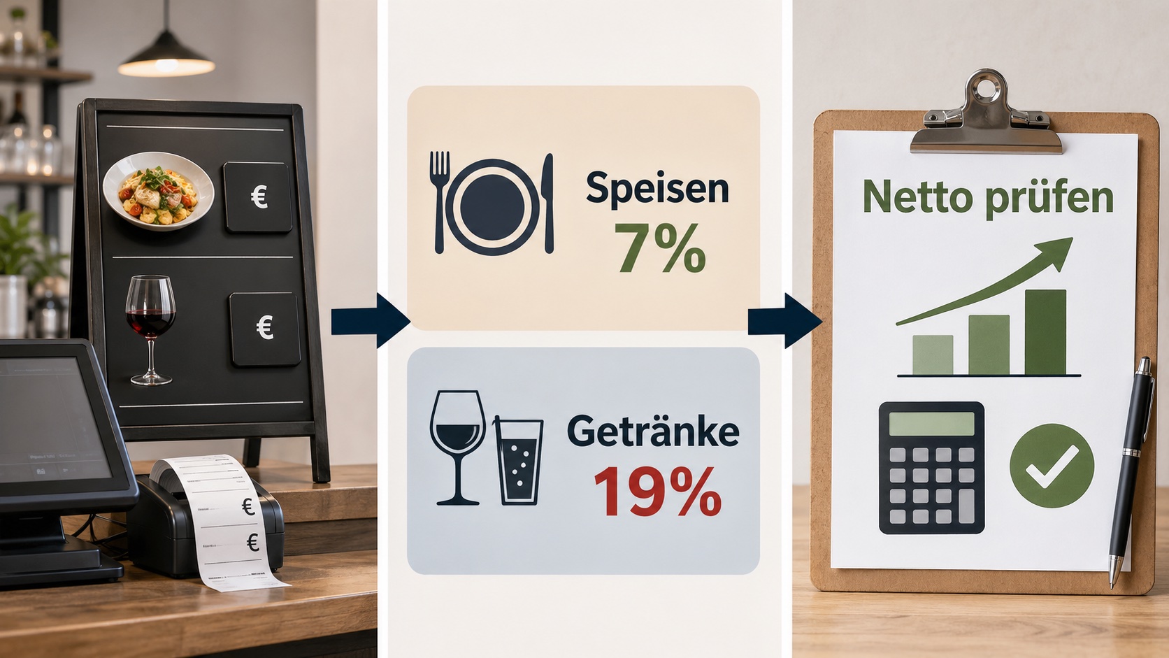 Infografik zur Mehrwertsteuer in der Gastronomie 2026 mit Speisen 7%, Getränken 19% und Netto-Prüfung