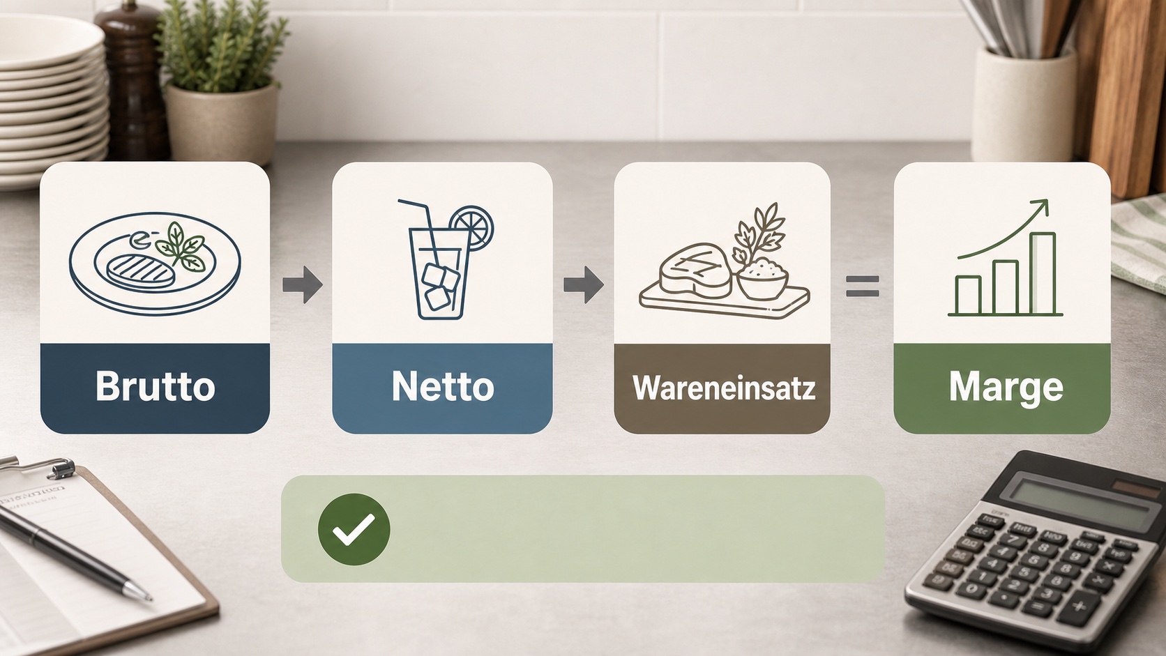 Infografik zur Umrechnung von Brutto zu Netto, Wareneinsatz und Marge in der Gastronomie