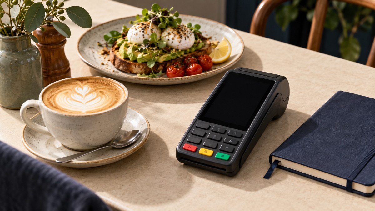 A cafe brunch and coffee beside an unbranded payment terminal with a blank screen