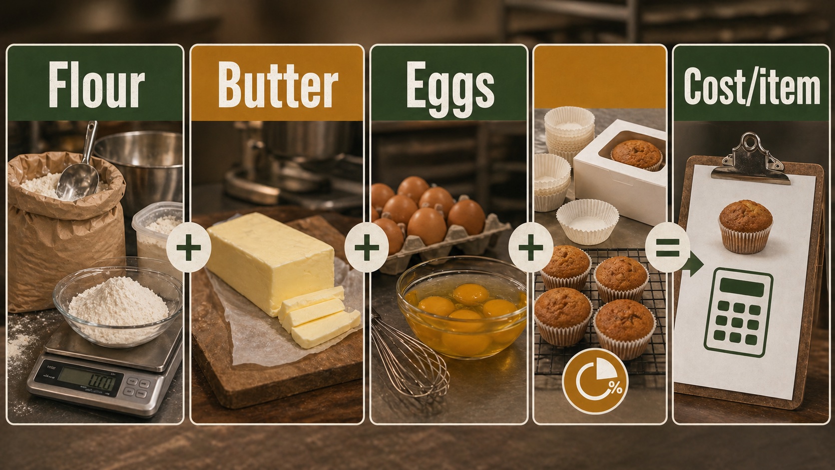 Baking ingredient cost stack from flour, butter, eggs, packaging, and yield loss to cost per item