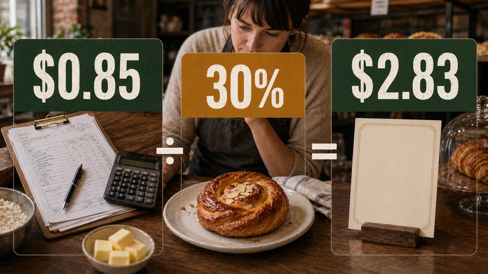 Baking menu price floor from cost per item and target food cost percentage