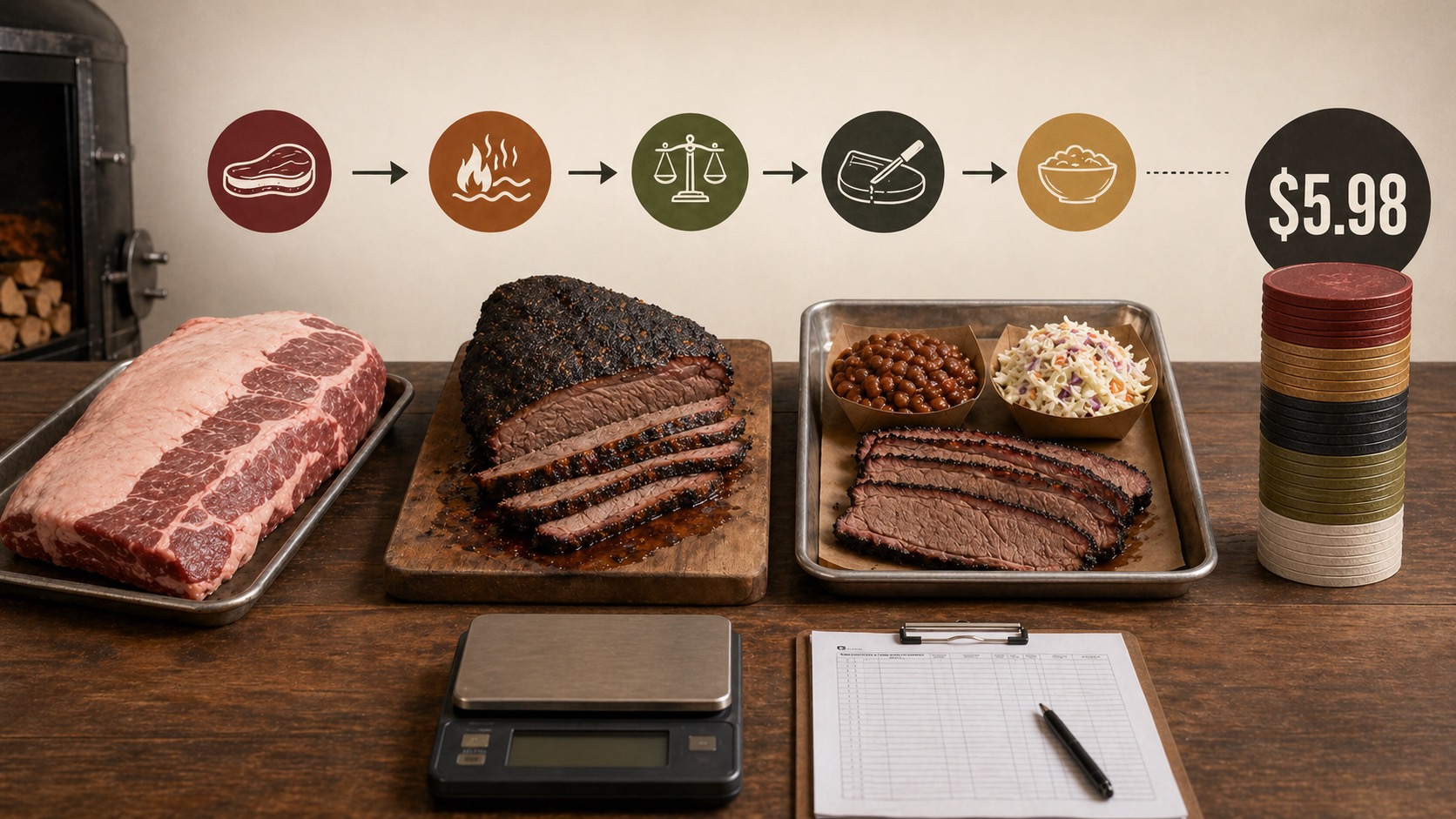 BBQ brisket yield cost stack from raw brisket to smoked plate