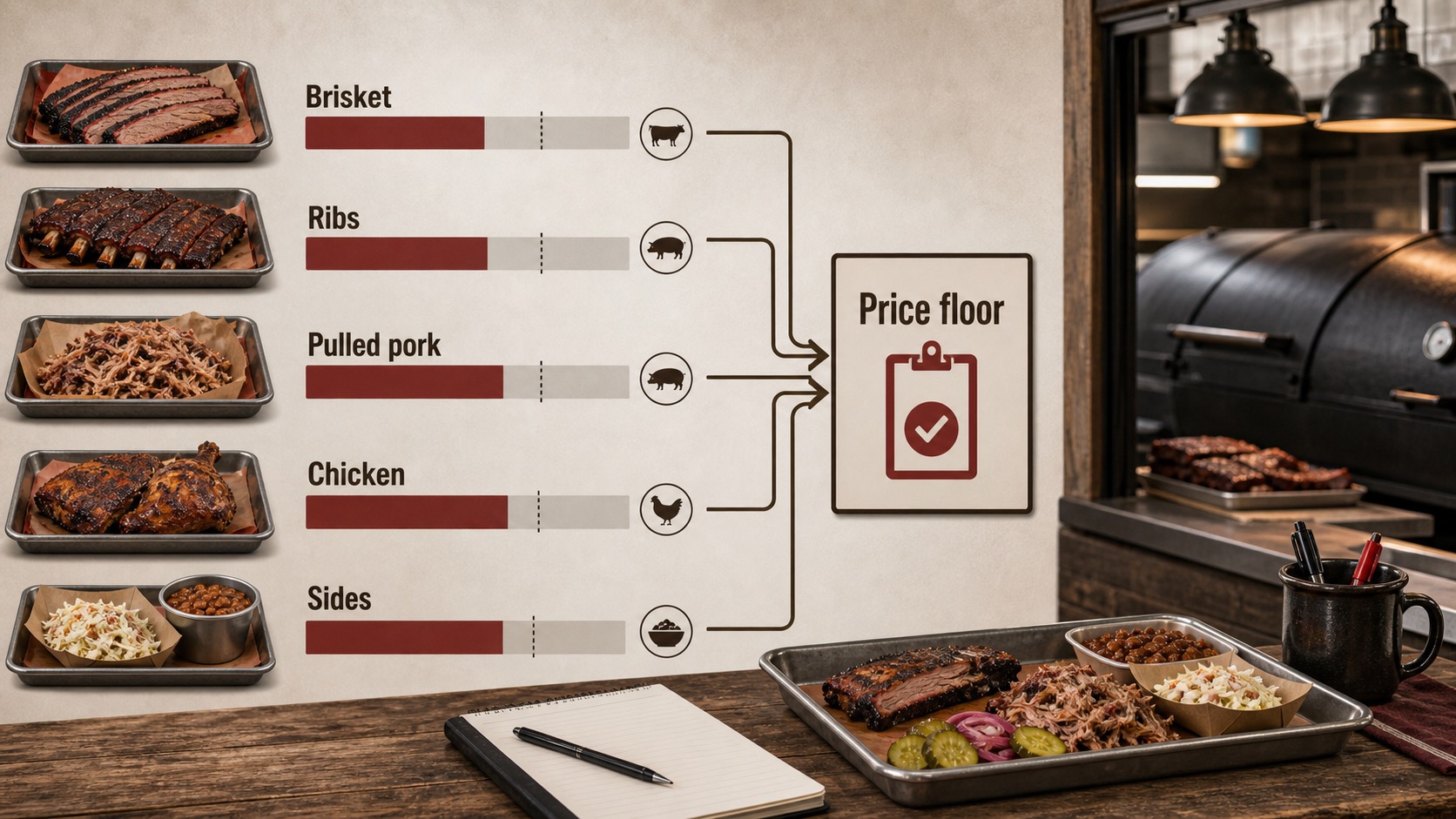 BBQ menu price floor dashboard for brisket, ribs, pulled pork, chicken, and sides