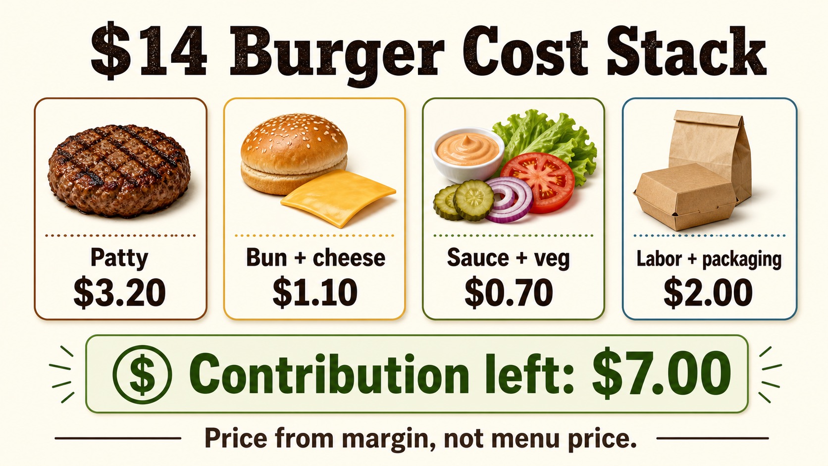 Burger cost stack showing patty, bun and cheese, sauce and vegetables, labor and packaging, and contribution left on a 14 dollar burger