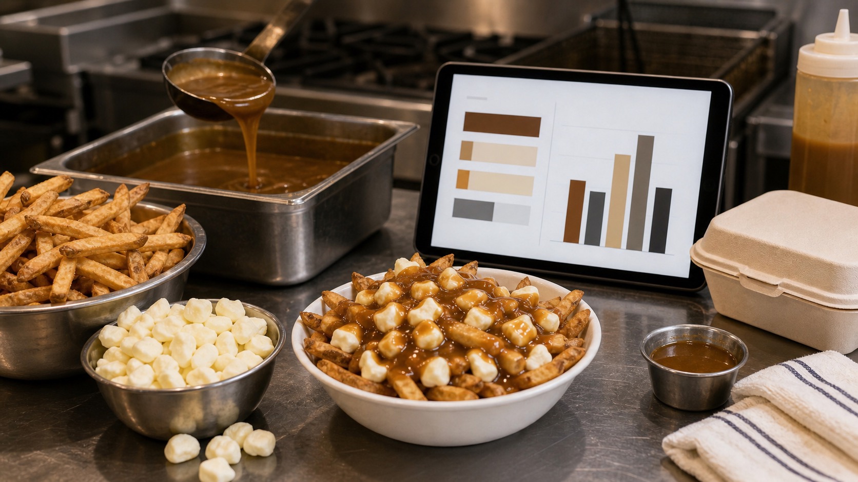 Canadian poutine prep counter showing fries, cheese curds, gravy, packaging, and cost controls