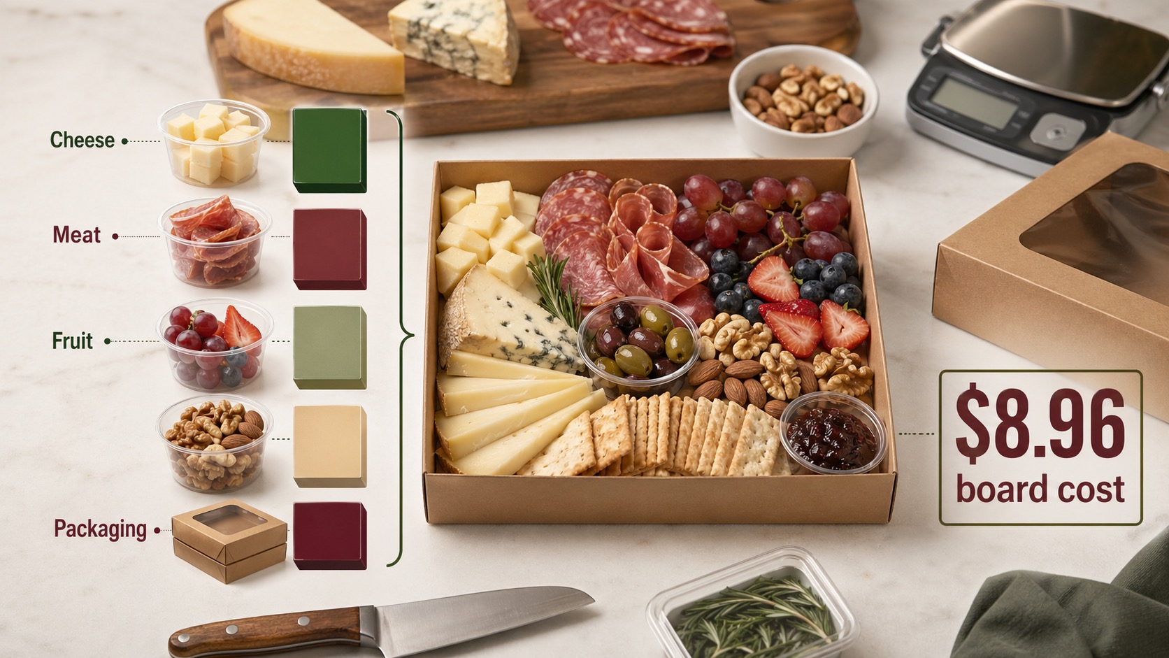 Charcuterie board cost stack showing cheese, cured meat, fruit, nuts, and packaging