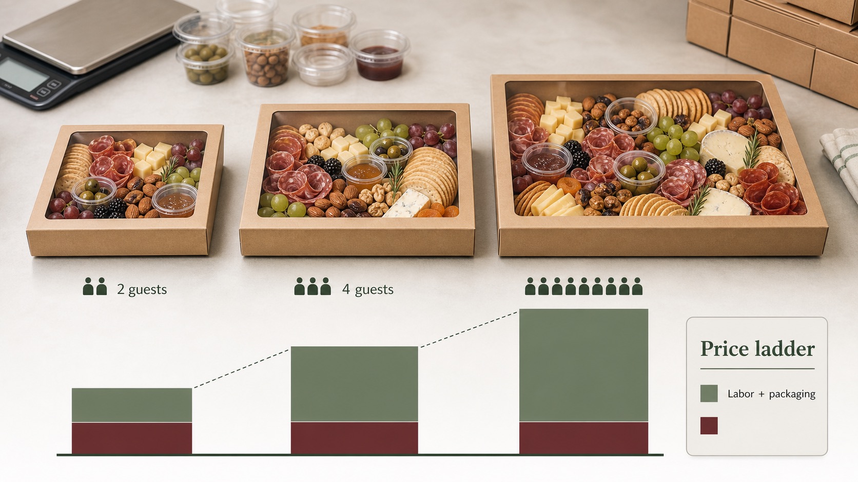 Charcuterie board price ladder for 2, 4, and 8 guests with packaging and labor blocks