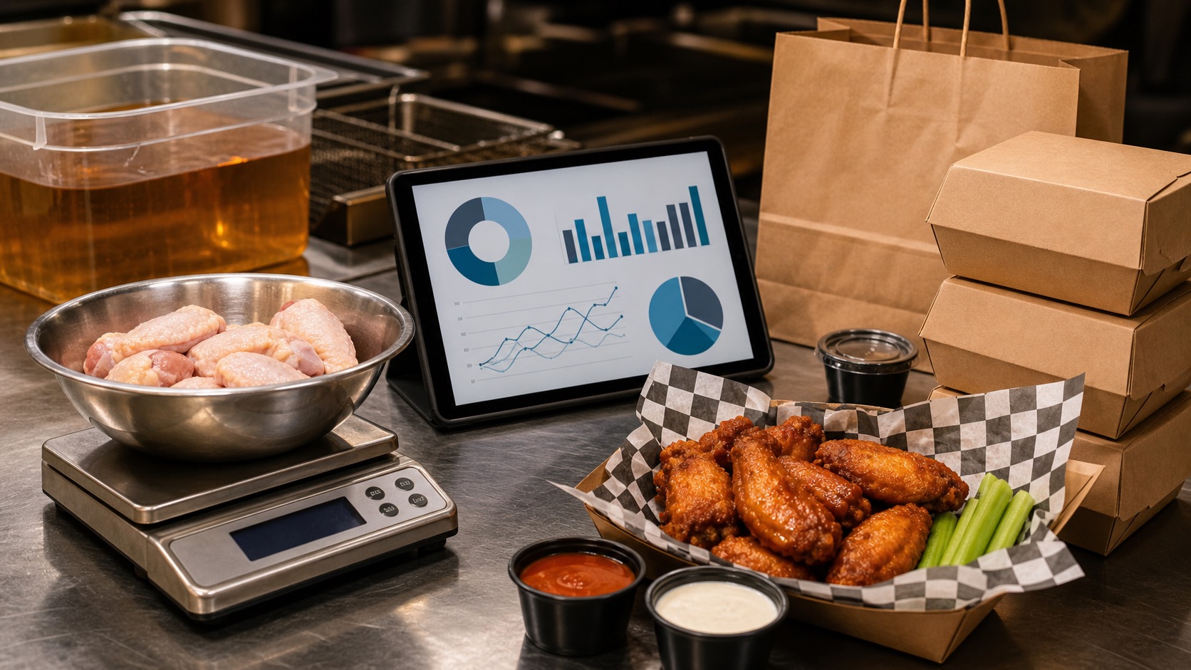Chicken wing 10-piece order cost stack from raw wings, sauce, dip, oil, and packaging to menu price floor