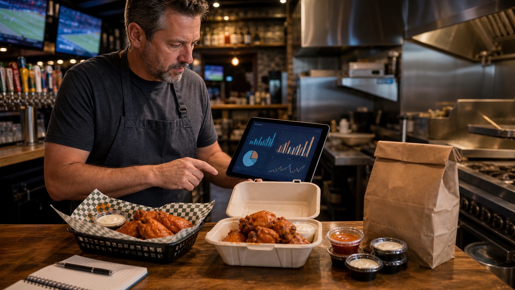 Chicken wing price floor dashboard showing sauce, dip, packaging, and target food cost decisions