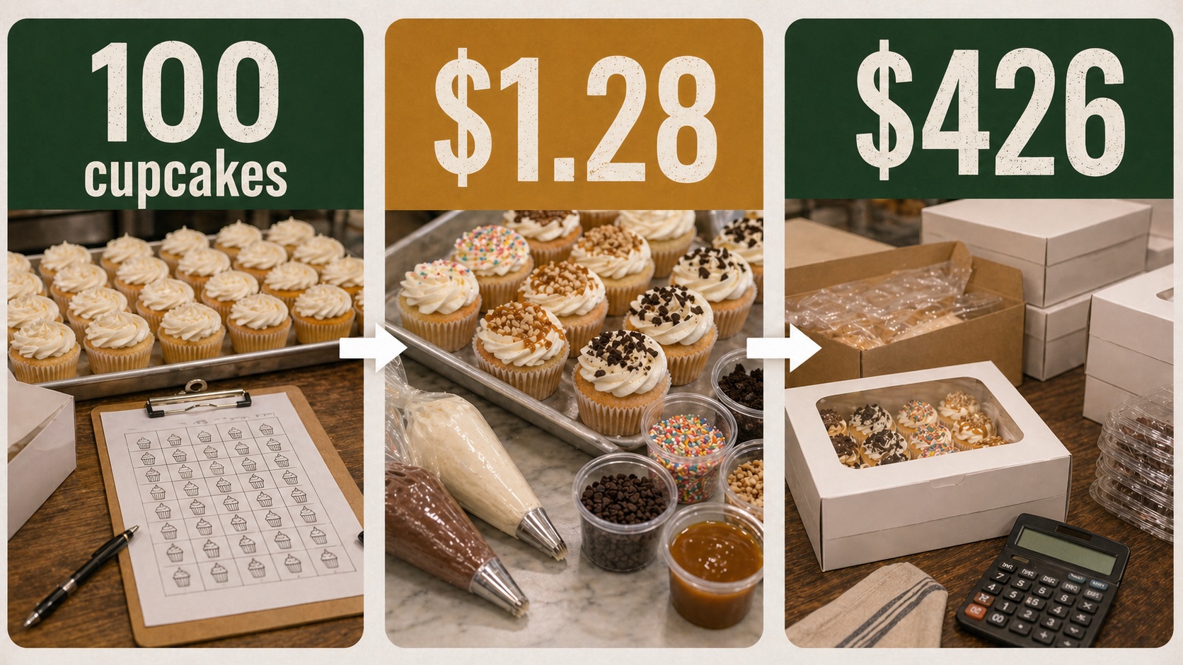 100 cupcake order price floor with base cupcake cost, topping, and packaging