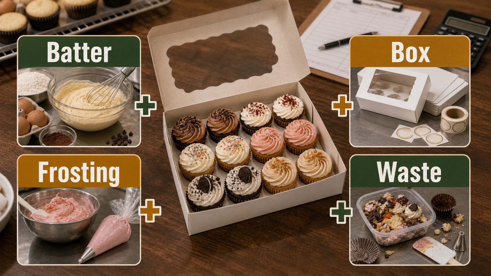 Cupcake dozen box cost breakdown from batter, frosting, packaging, and waste