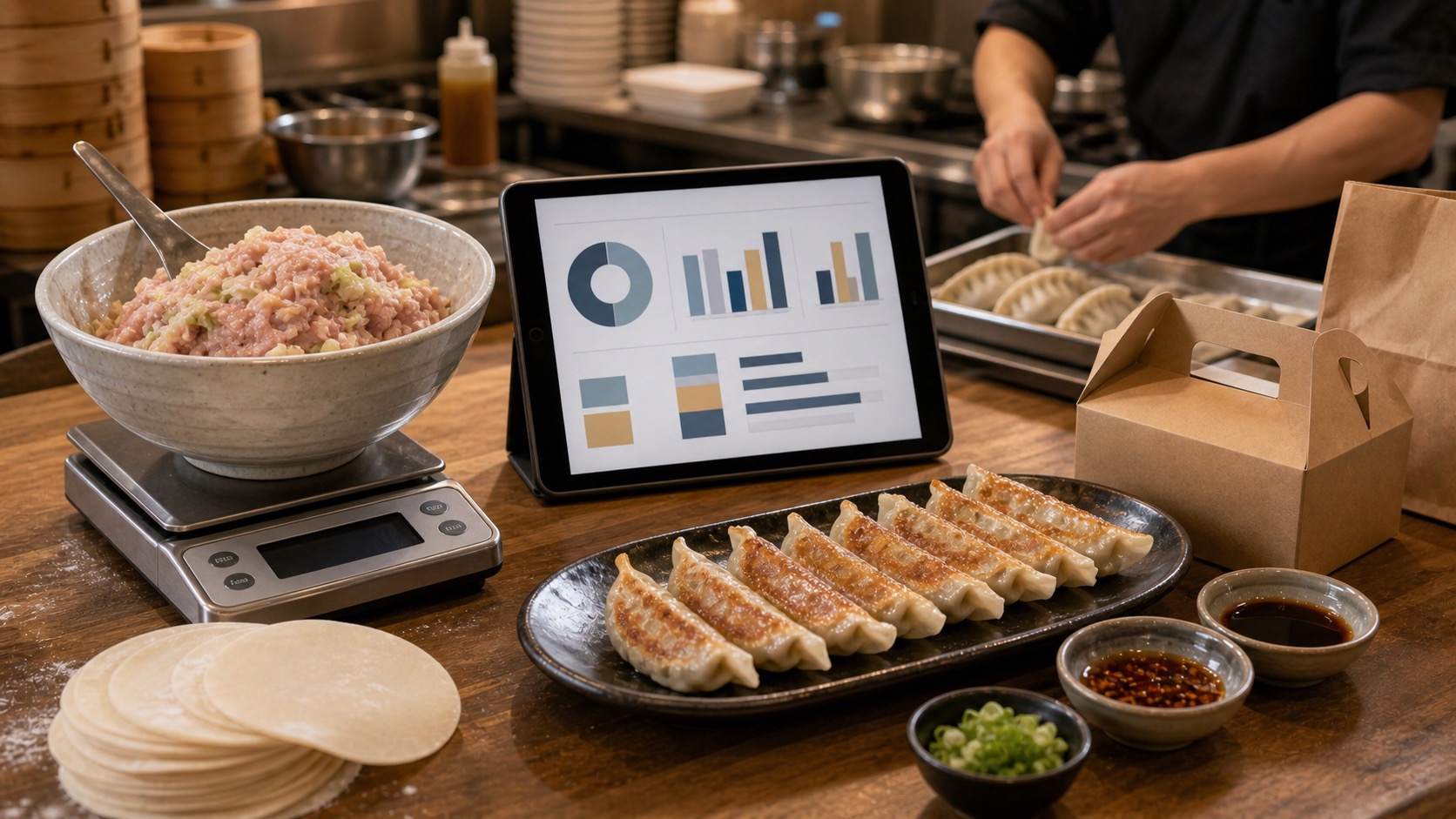 Dumpling shop prep station showing filling weight, wrapper count, sauce cups, and plate cost controls