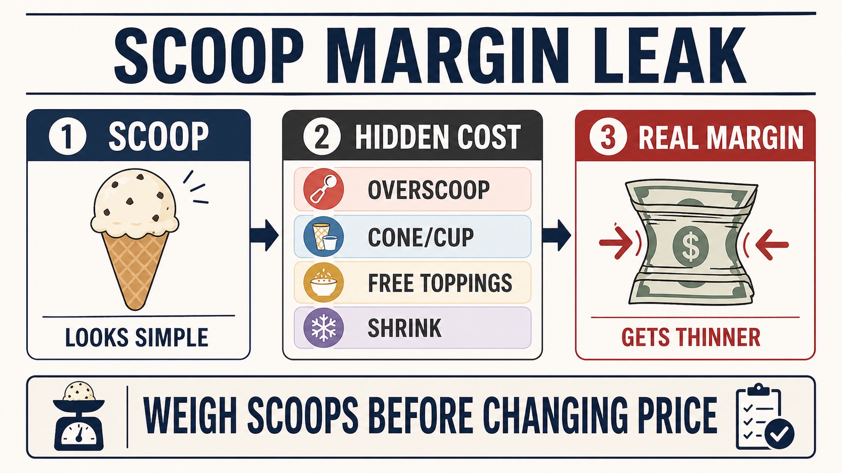 Ice cream margin leaks through overscooping, cones and cups, free toppings, and shrink