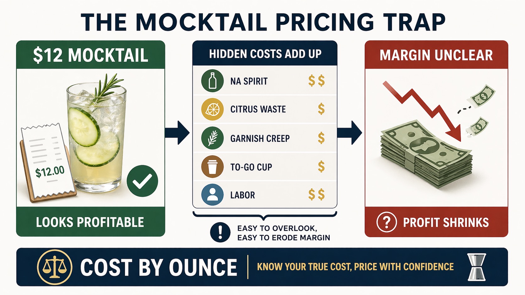Mocktail pricing pain infographic showing a 12 dollar mocktail that looks profitable before NA spirit, citrus waste, garnish creep, packaging, and labor make margin unclear