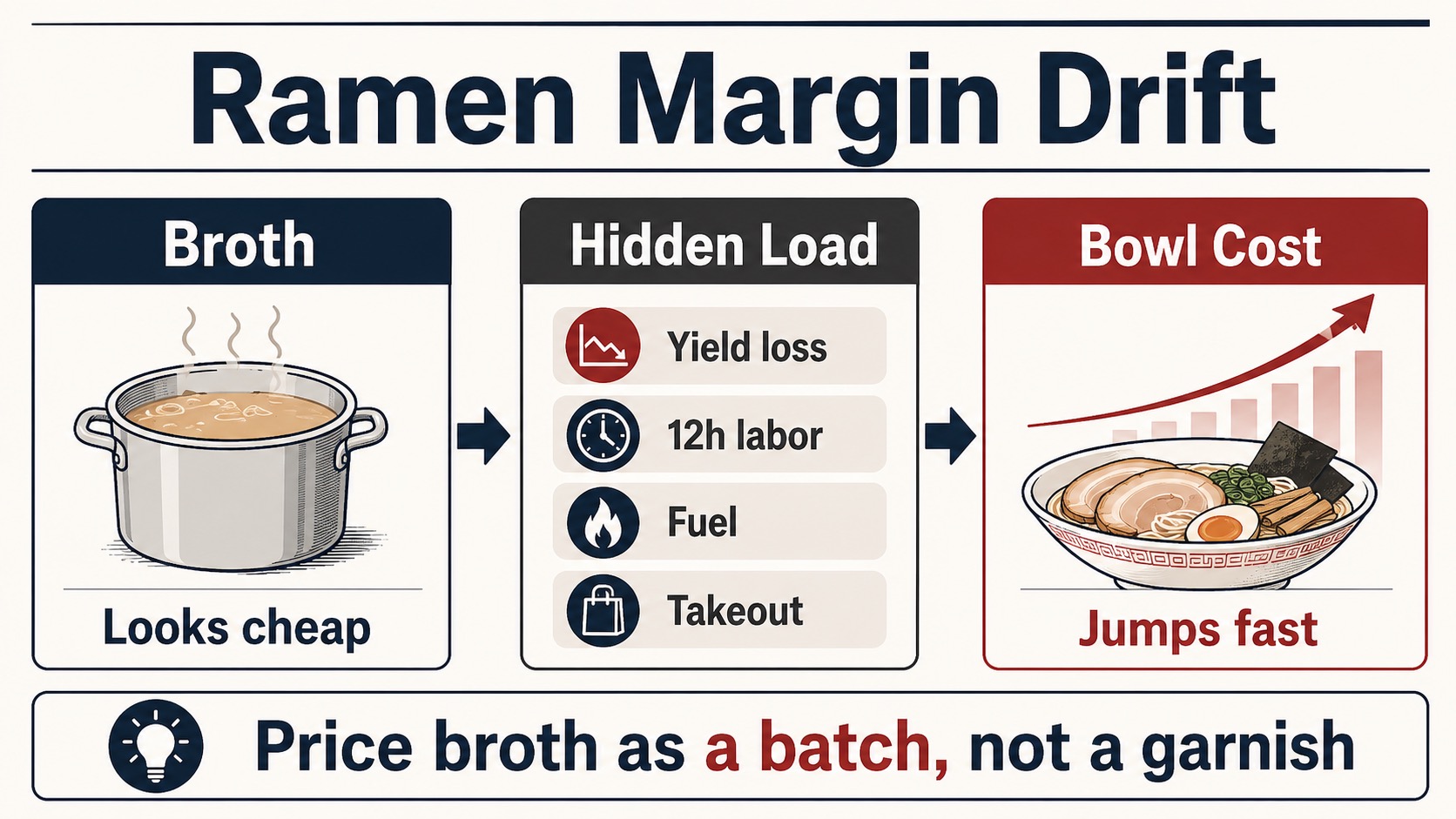 Ramen margin drifts when broth yield loss, long labor, fuel, and takeout costs are ignored