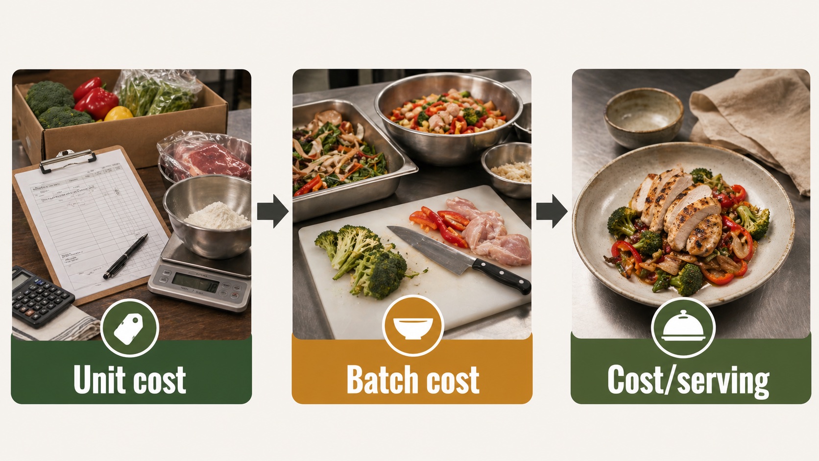 Recipe costing formula from purchase price through yield loss to cost per serving
