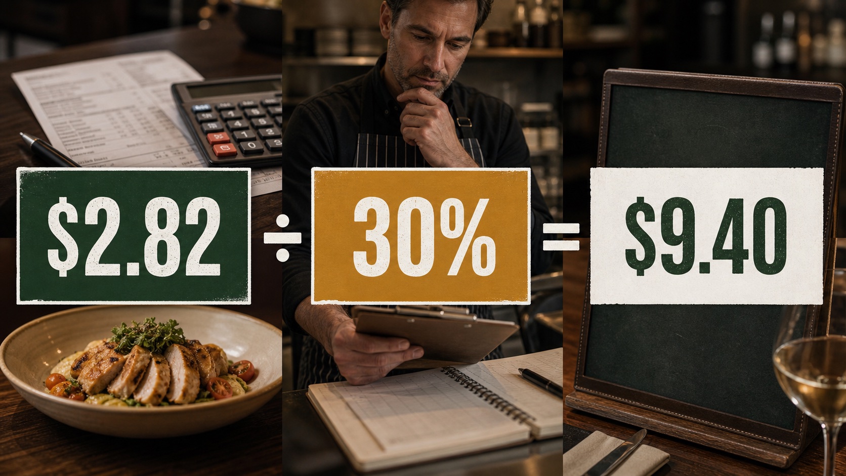 Recipe costing menu price decision showing cost per serving divided by target food cost percentage