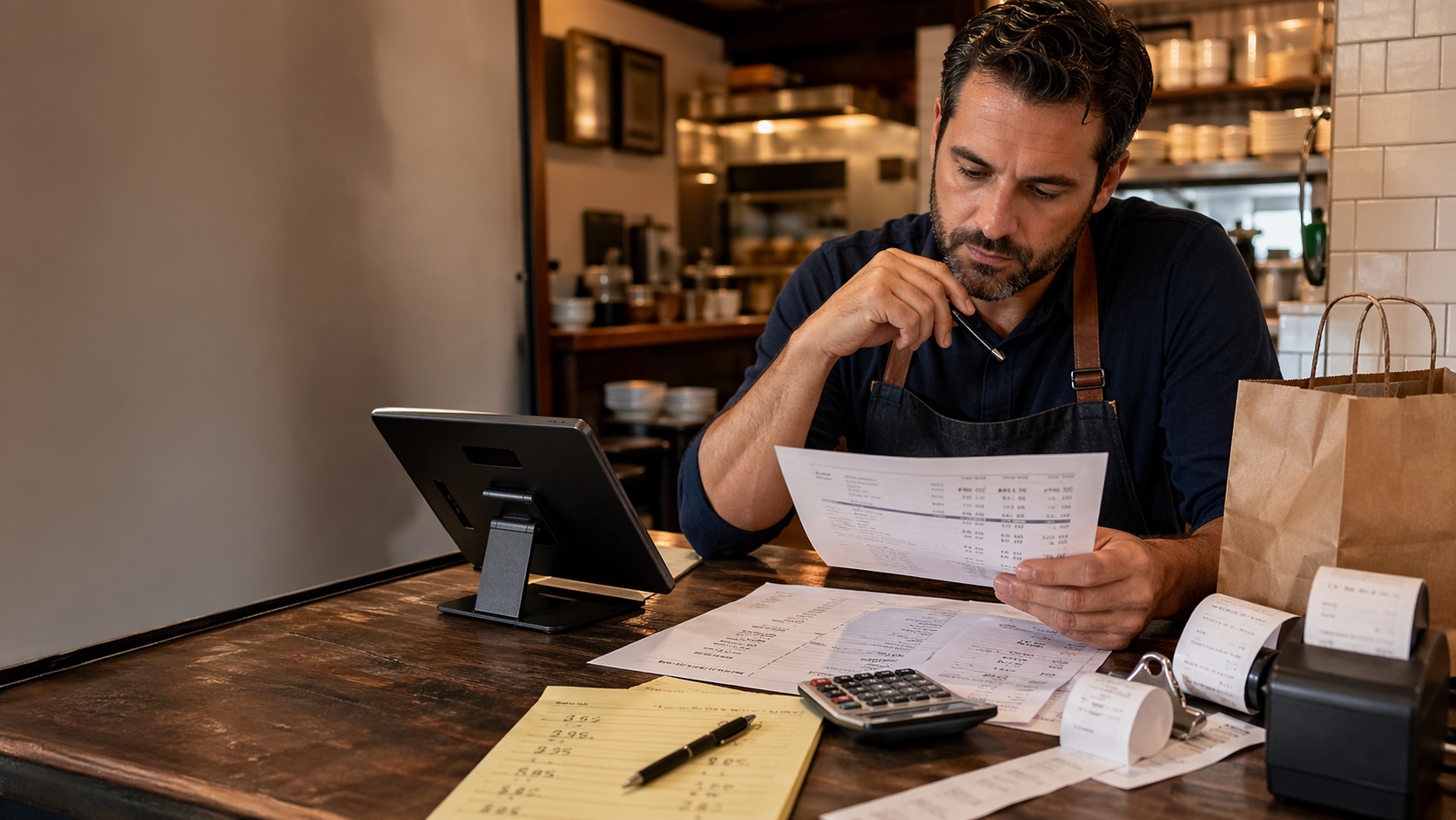 Restaurant owner reviewing delivery app statements, receipt tape, and menu pricing notes at a small restaurant counter