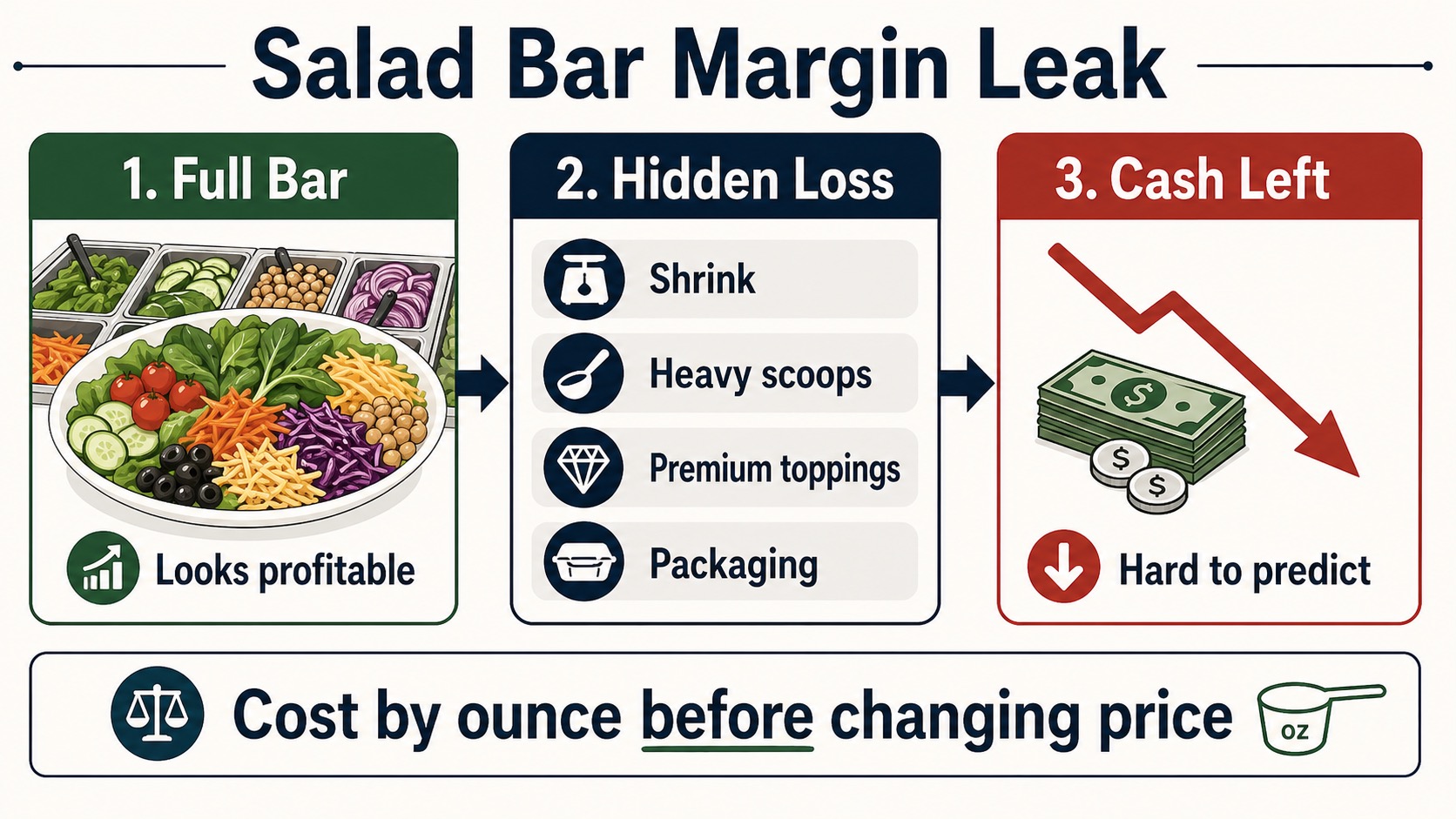 A salad bar can look profitable while shrink, heavy scoops, premium toppings, and packaging reduce cash left