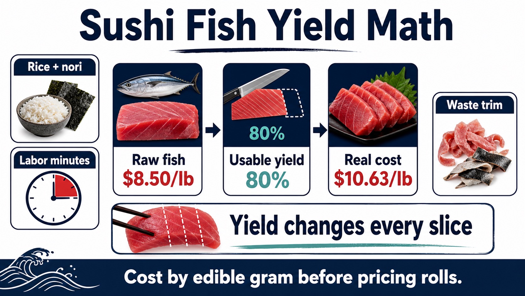 Sushi fish yield math showing whole fish price, edible yield of 45 to 60 percent, real slice cost, rice and nori, labor minutes, and waste trim
