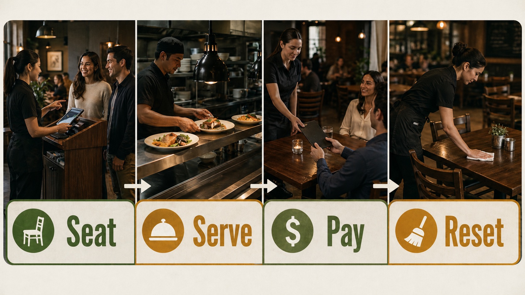 Restaurant table turnover bottleneck map from seating through reset