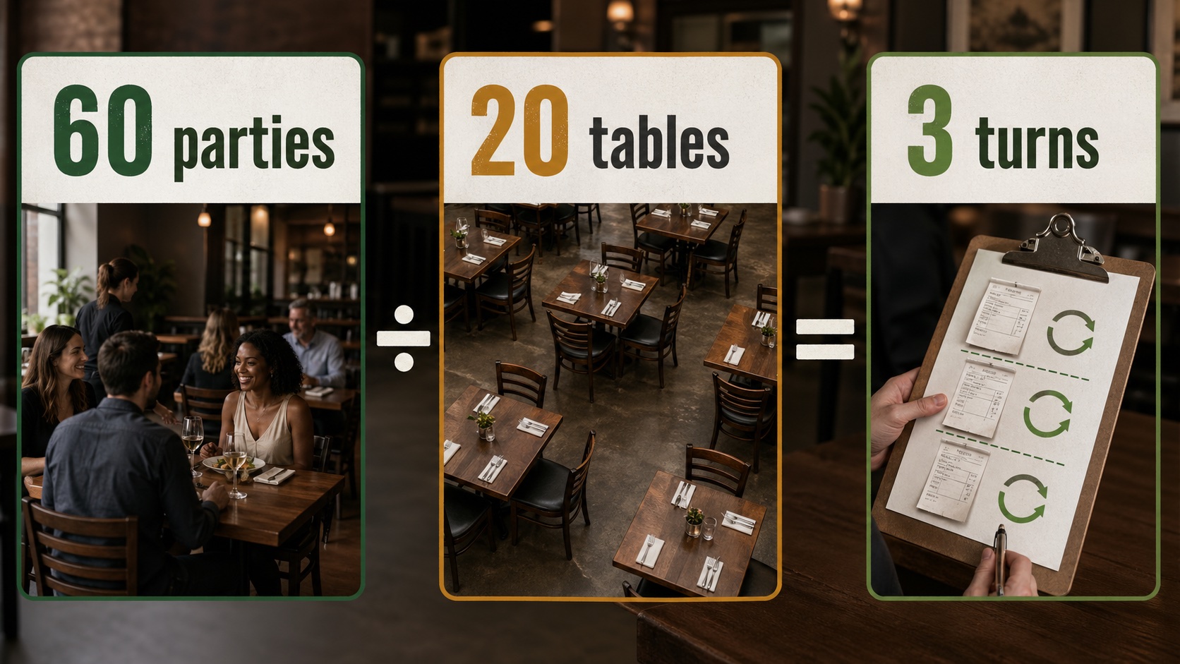 Table turnover rate formula: parties served divided by tables equals turns