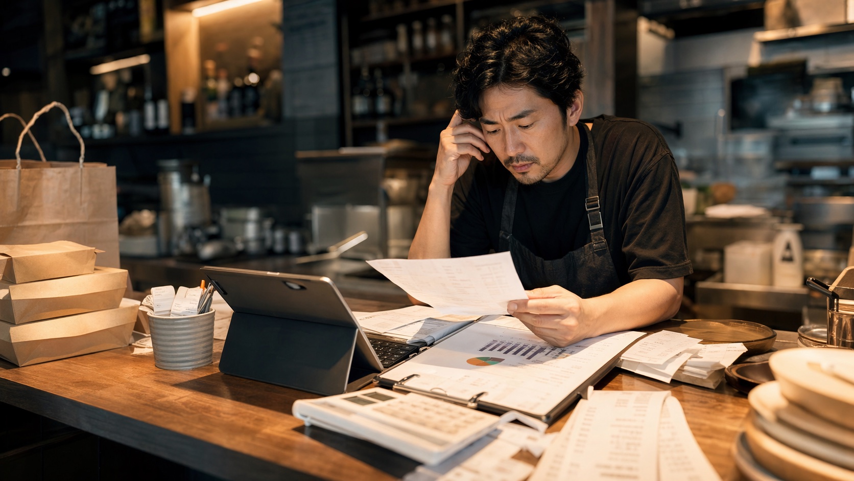 Restaurant owner reviewing delivery app payout statements, menu prices, receipts, and takeout packaging after service