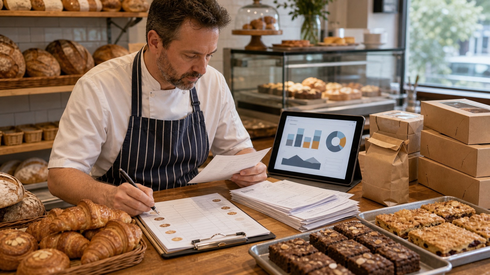 UK bakery counter showing pastries, bread, packaging, waste count, and net price cost controls