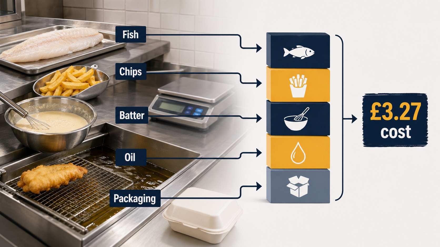 UK fish and chips cost stack with fish, chips, batter, oil, and packaging