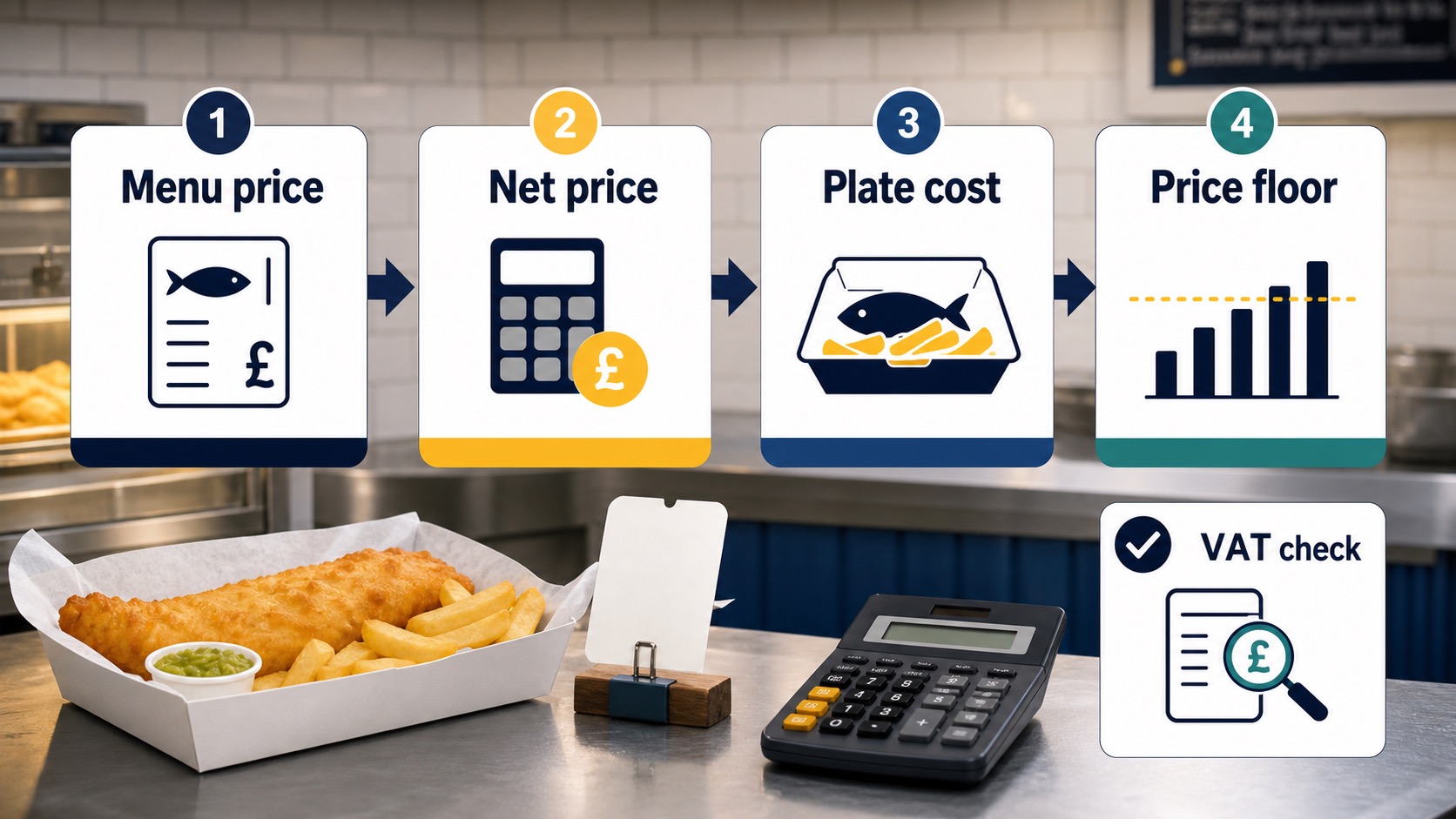 UK fish and chips VAT-aware price floor flow from menu price to net price and plate cost