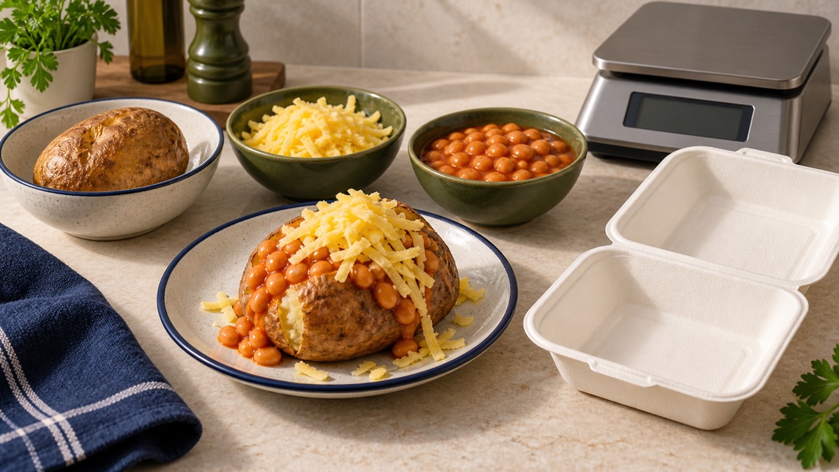 A jacket potato with beans and cheese beside separate ingredients and takeaway packaging