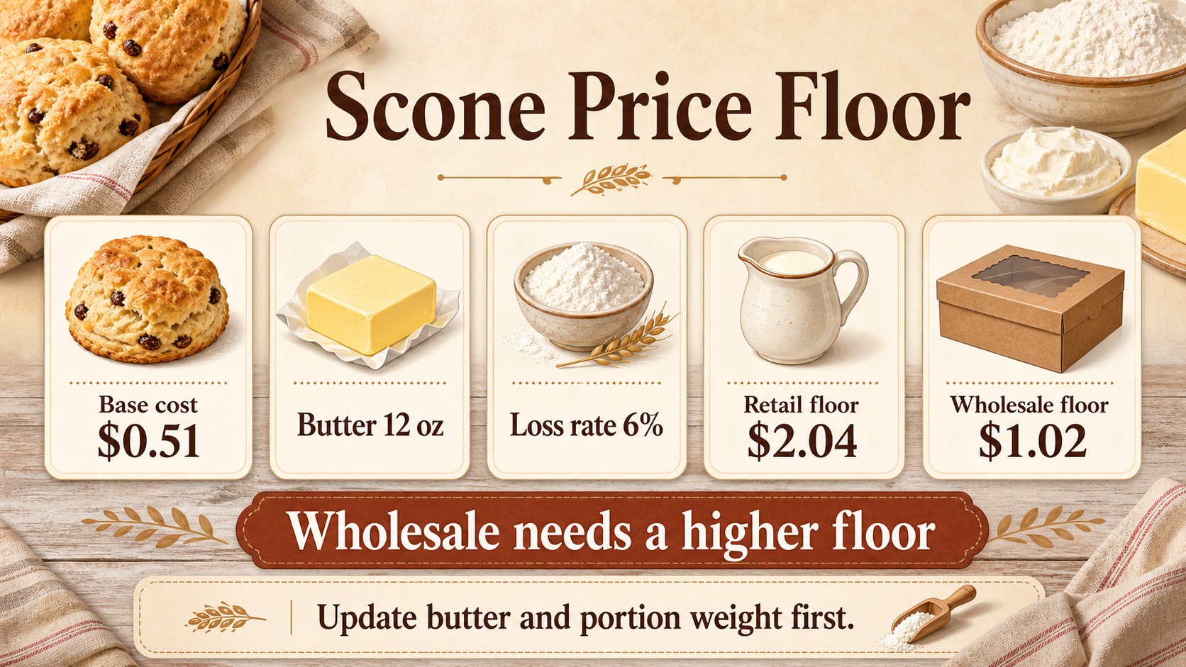Scone price floor infographic showing flour, butter, cream, add-ins, box and labor, and why wholesale needs a higher price floor