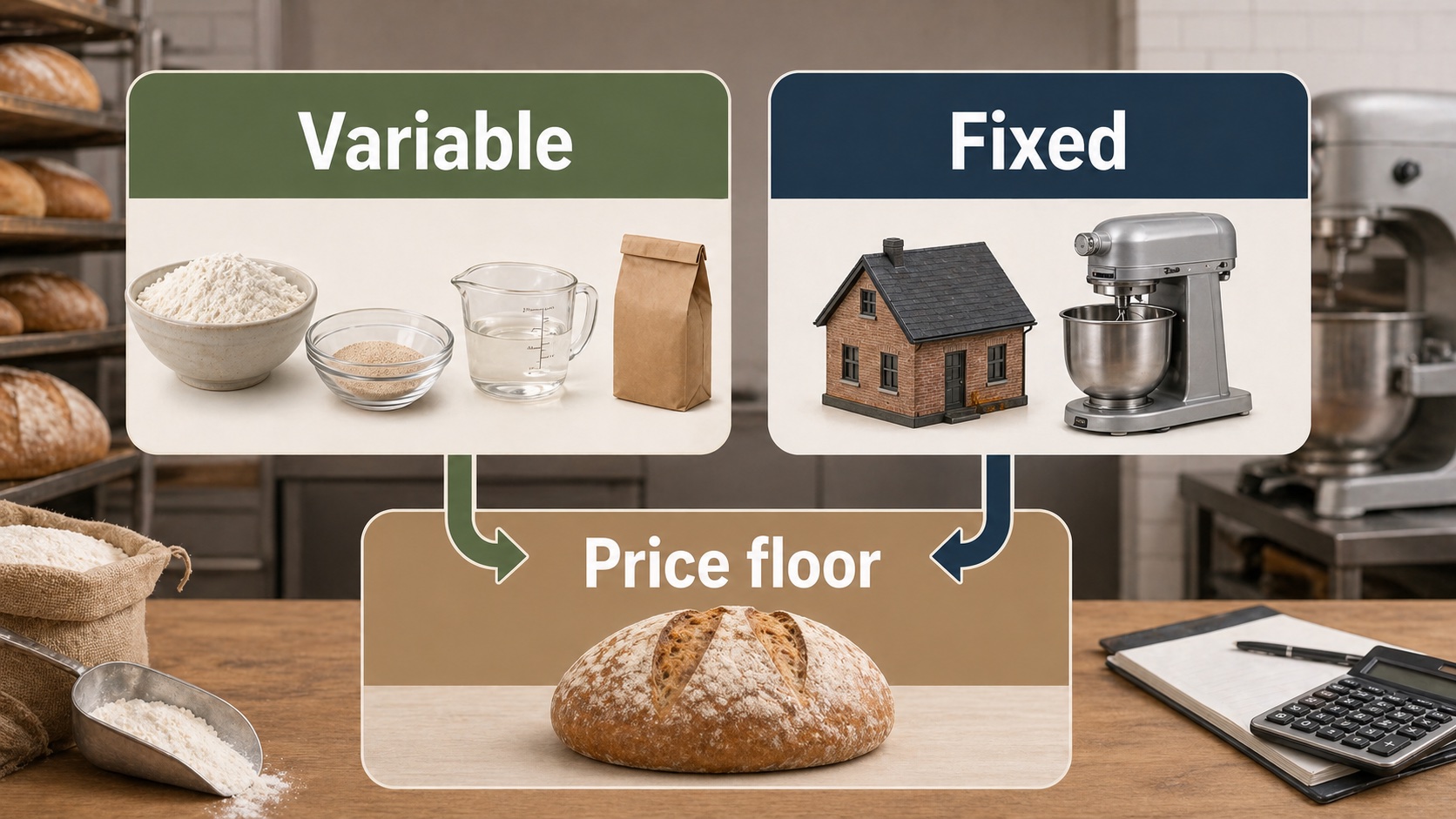 Variable and fixed bakery costs feeding into a price floor