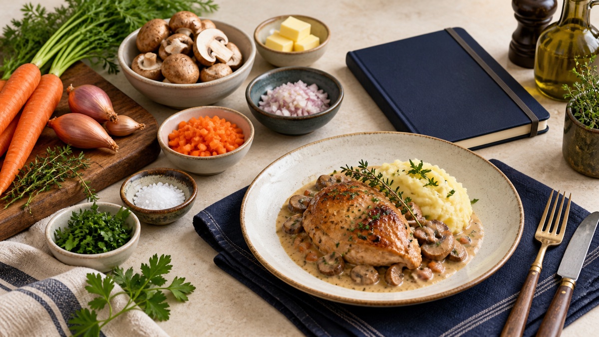Ingrédients pesés et assiette dressée pour préparer une fiche technique de restaurant