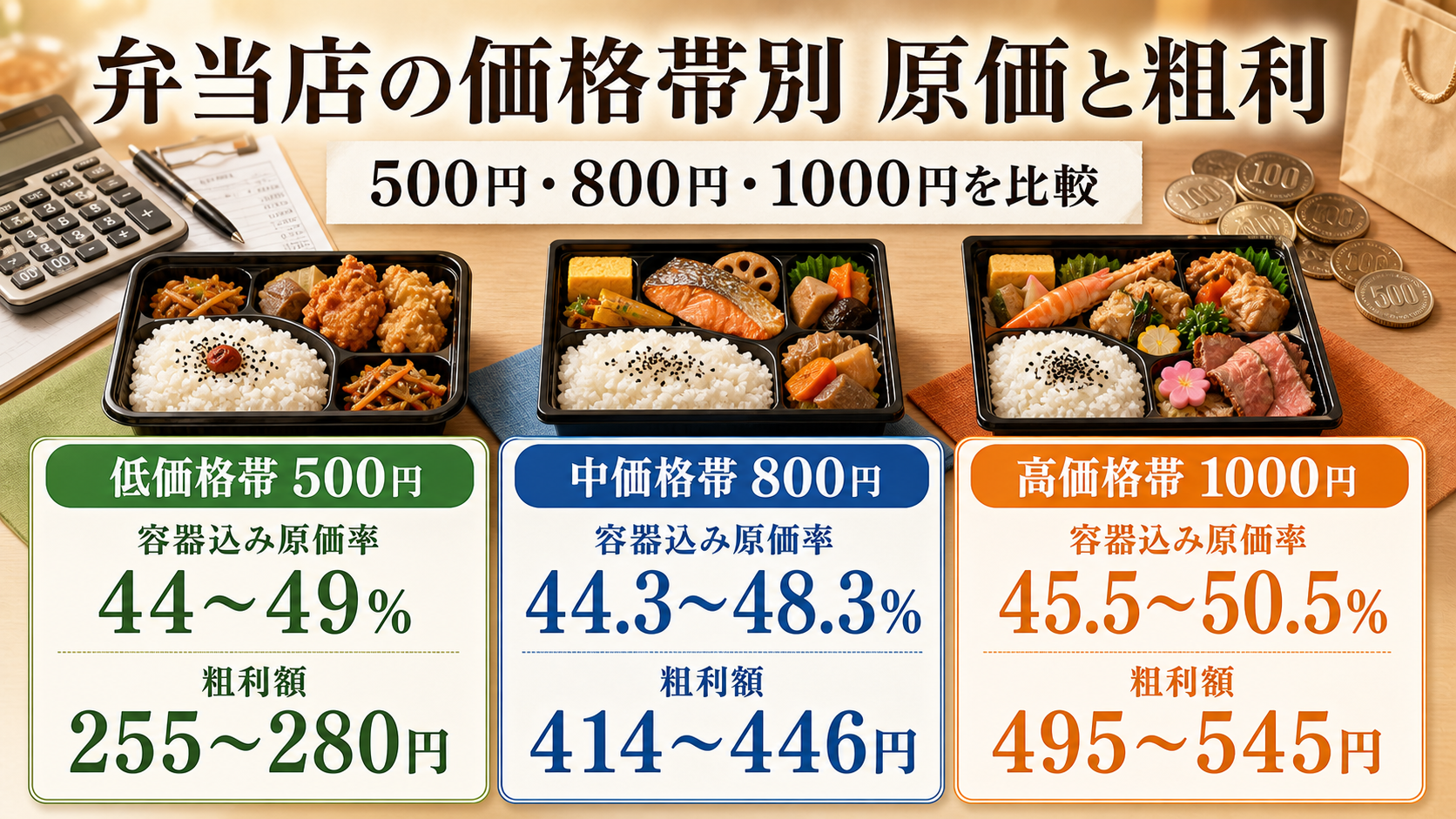 500円、800円、1000円の弁当を並べて低価格・中価格・高価格の原価率と粗利額を文字入りで比較するインフォグラフィック