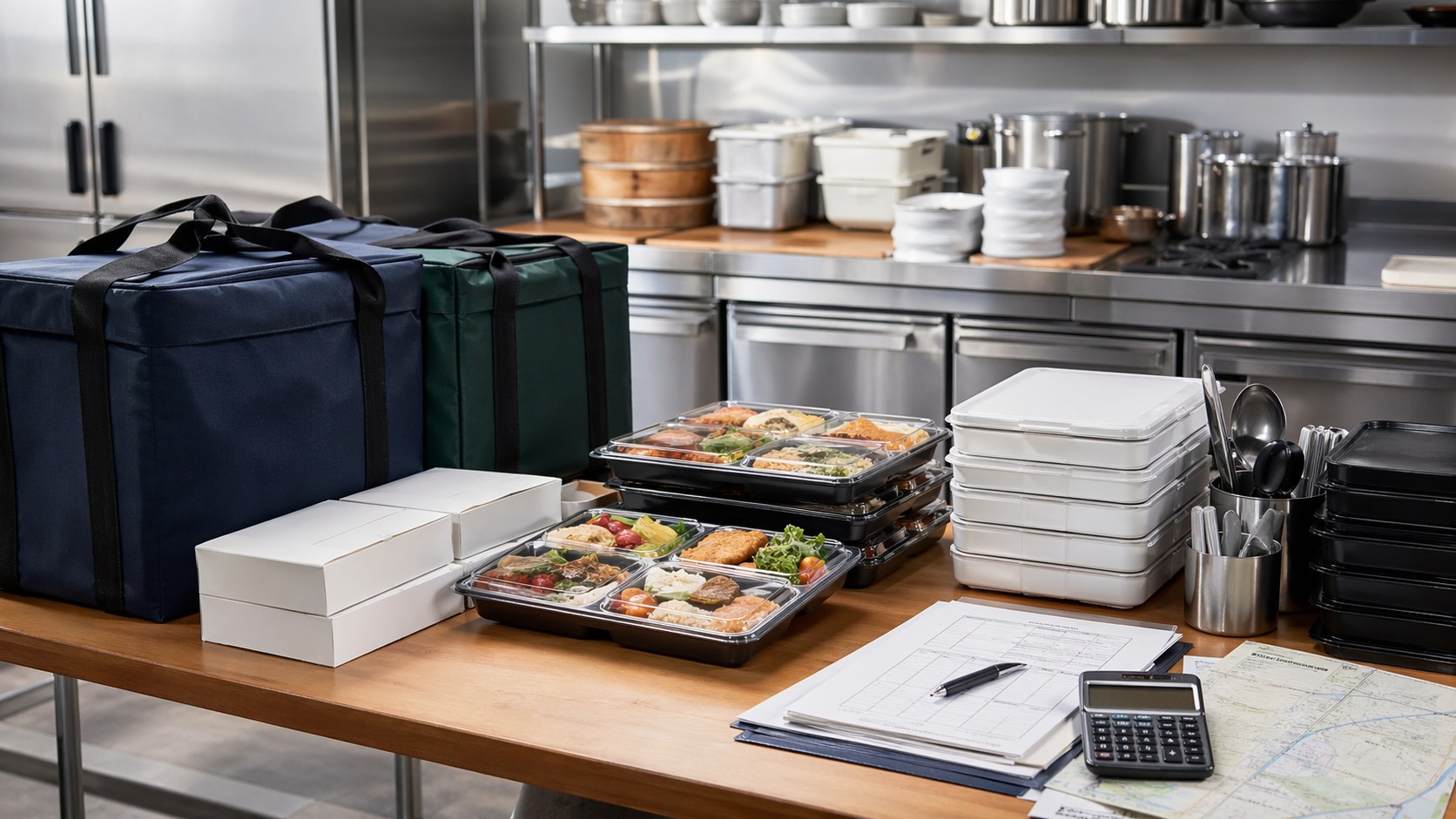 ケータリング弁当と配送バッグ、原価計算資料が並ぶ厨房の準備台