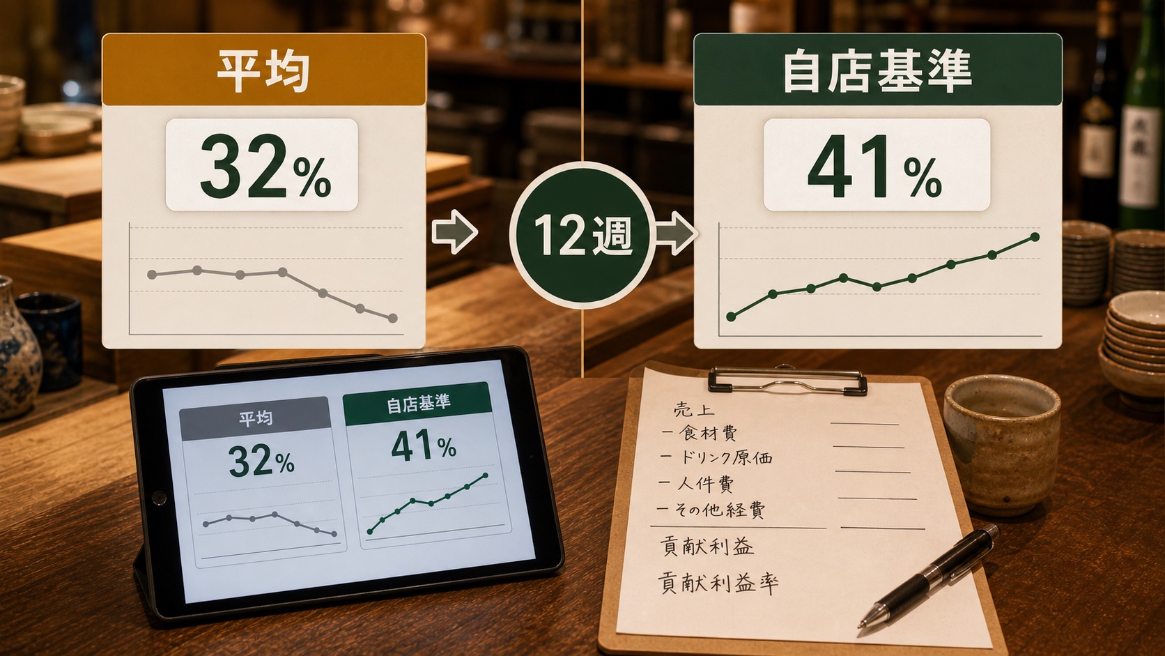 飲食店の限界利益率を平均ではなく12週の自店基準で見る比較