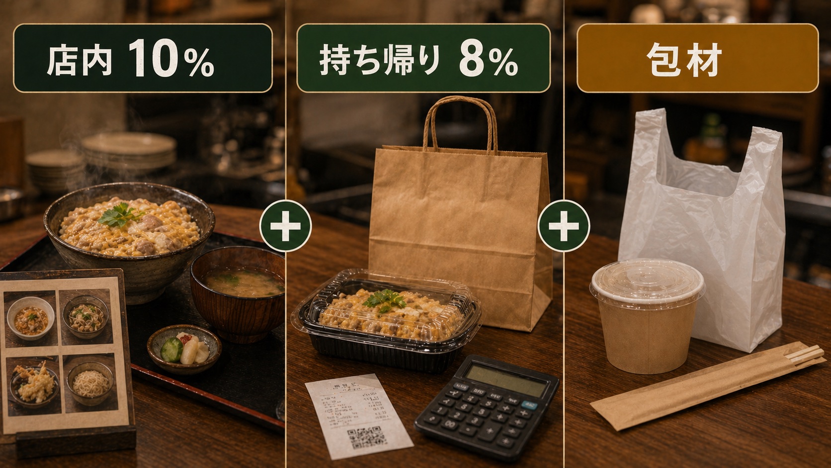 店内10%、持ち帰り8%、包材コストを並べた飲食店の消費税と原価率の比較