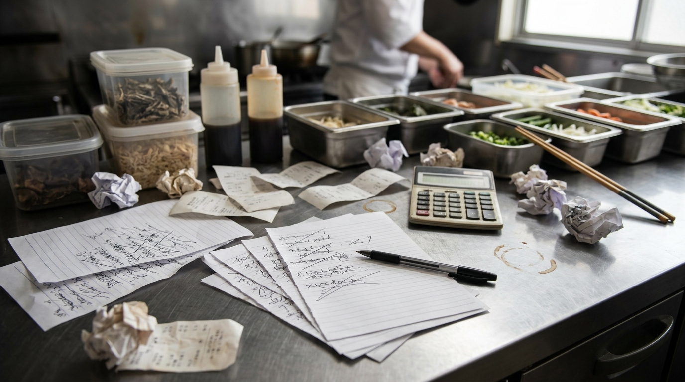 手計算の原価管理に追われる厨房の作業台イメージ