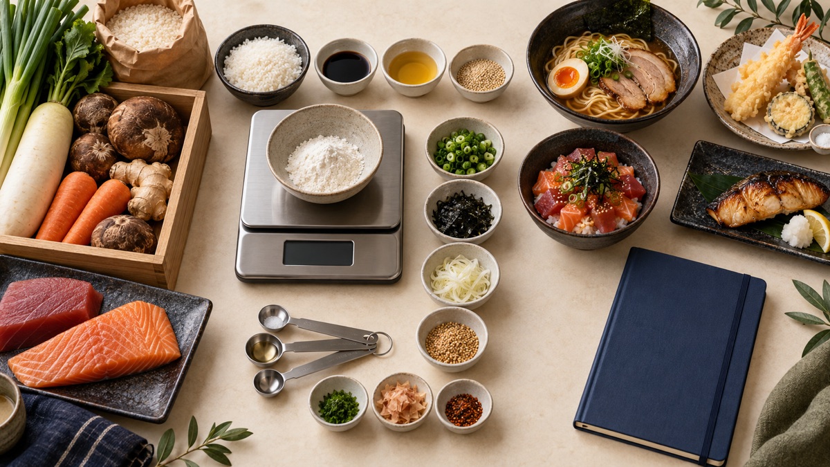 食材を量り、料理ごとの使用量を整理する原価計算の作業台