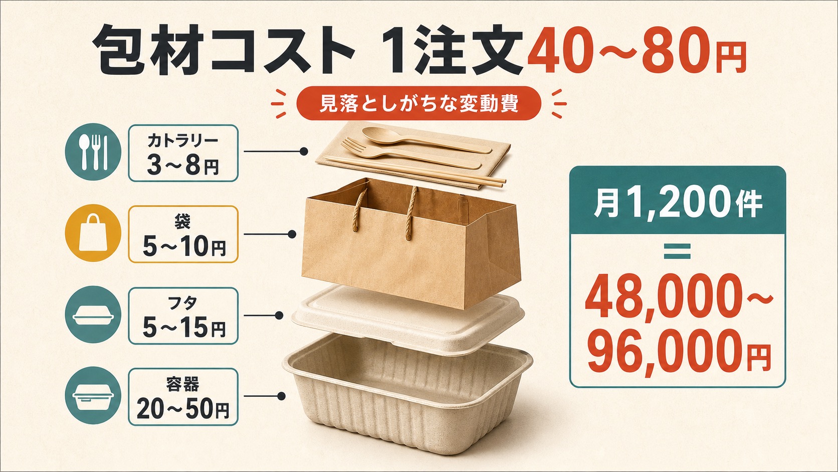 テイクアウト包材コスト：容器、フタ、袋、カトラリーを足すと1注文40〜80円になる図