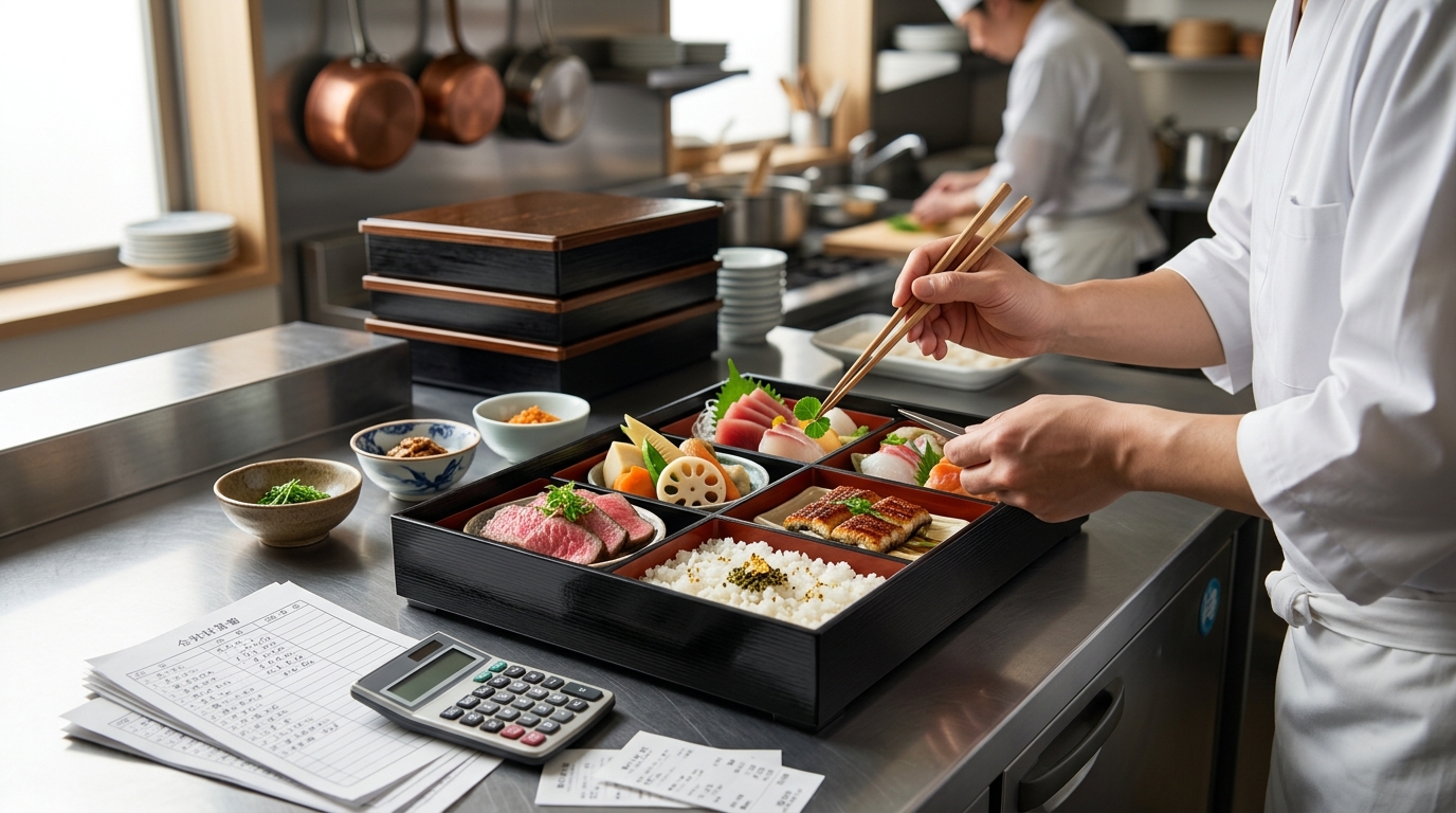 高級仕出し弁当を盛り付ける厨房と、計算機・伝票が並ぶ原価管理イメージ