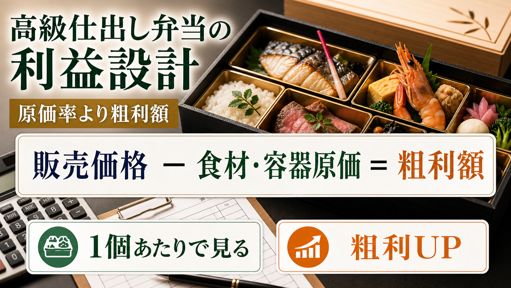 高級仕出し弁当の販売価格、食材・容器、粗利額を文字入りで整理した利益設計インフォグラフィック