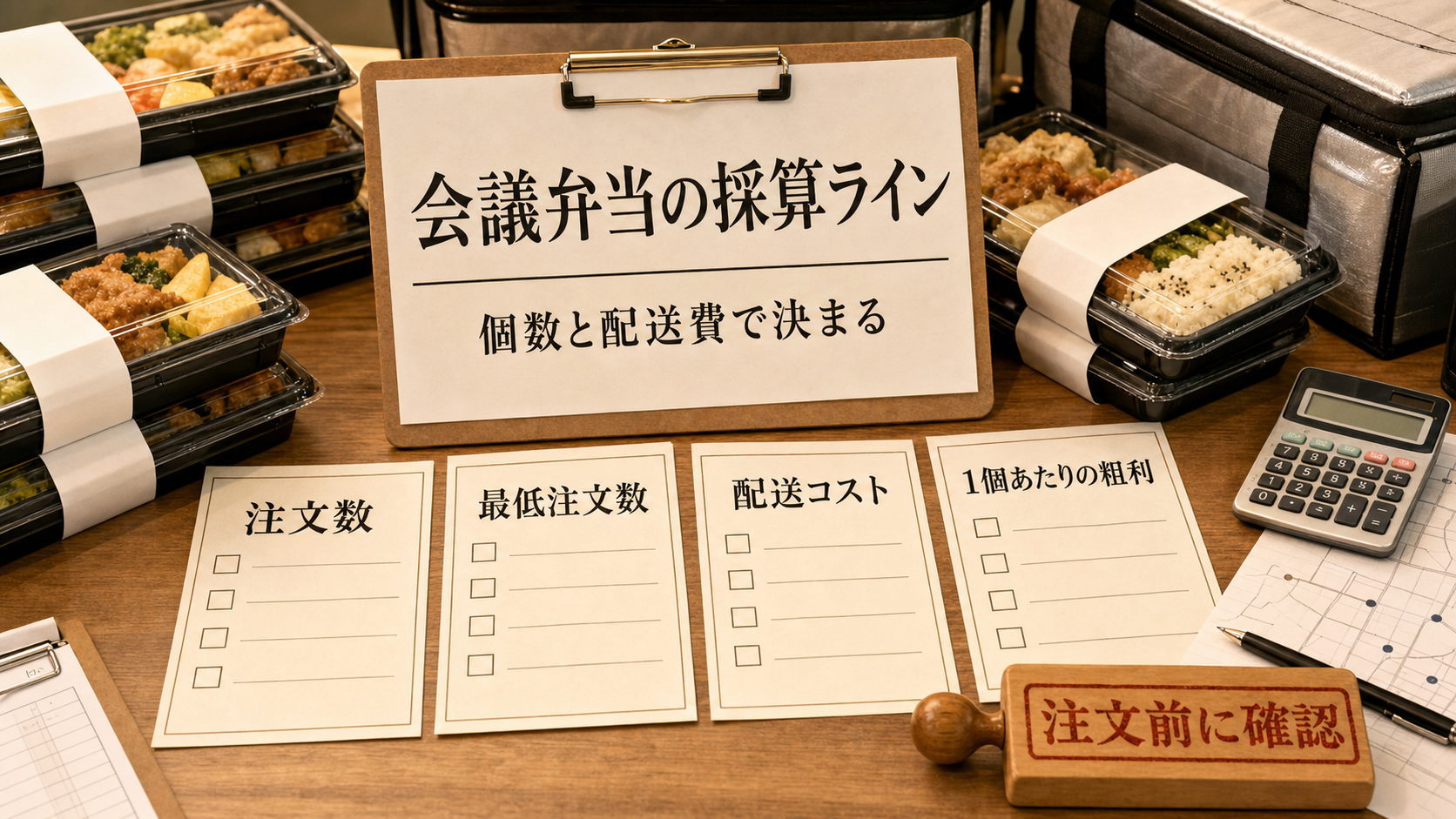 会議弁当の注文数、最低発注数、配送コスト、1個あたり粗利を文字入りで整理した利益ラインのインフォグラフィック