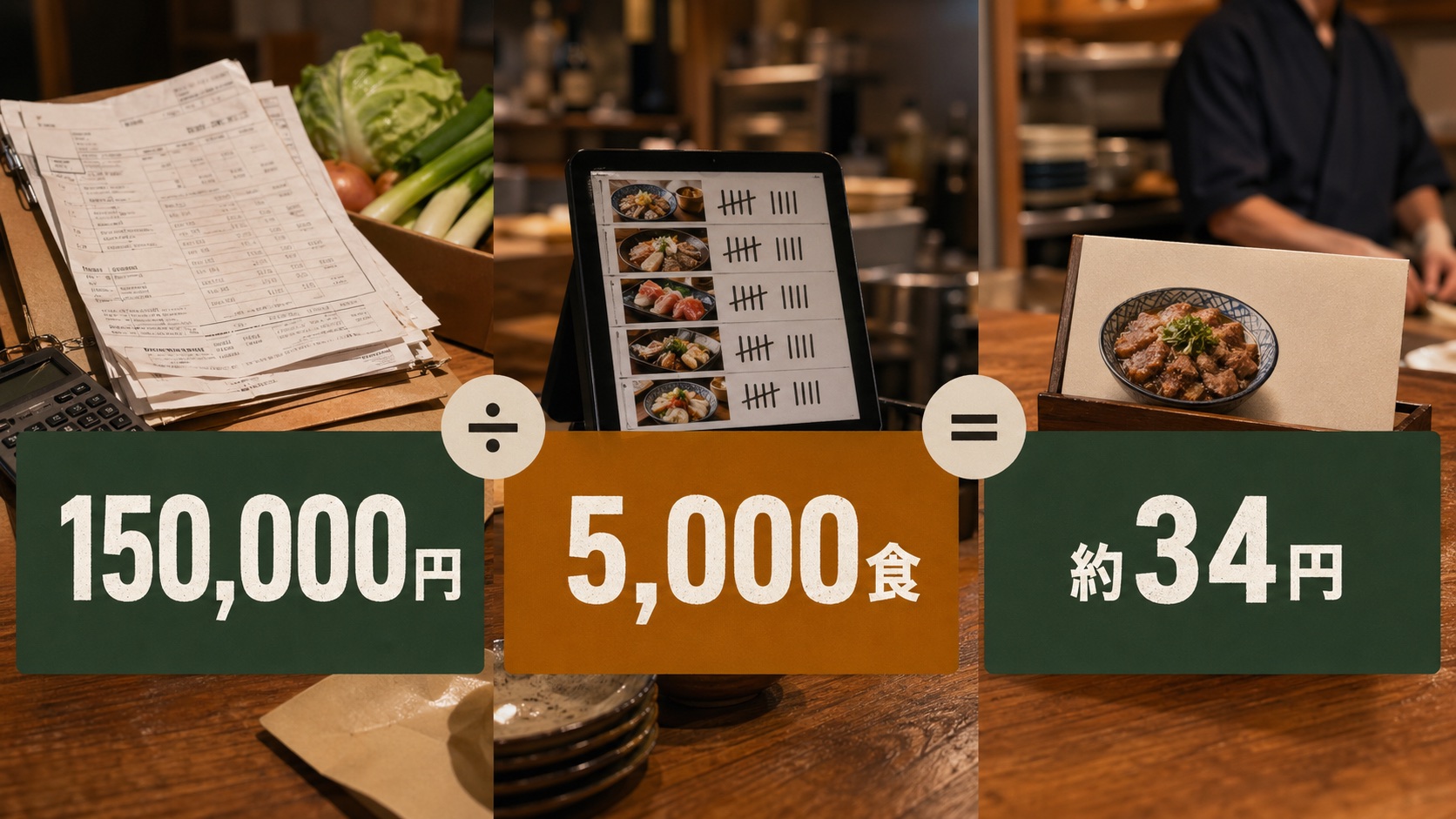 月の追加コスト150,000円を販売数5,000食で割り、目標利益率10%で割り戻すと必要改定幅は約34円になる