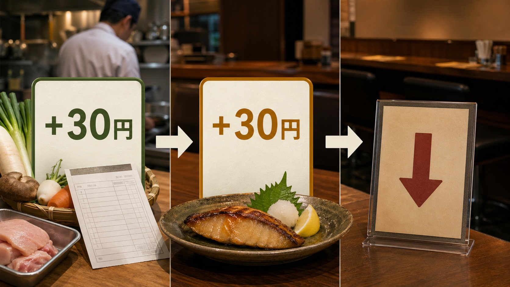 追加原価30円に対して30円だけ値上げすると粗利額は戻っても利益率は下がりやすい