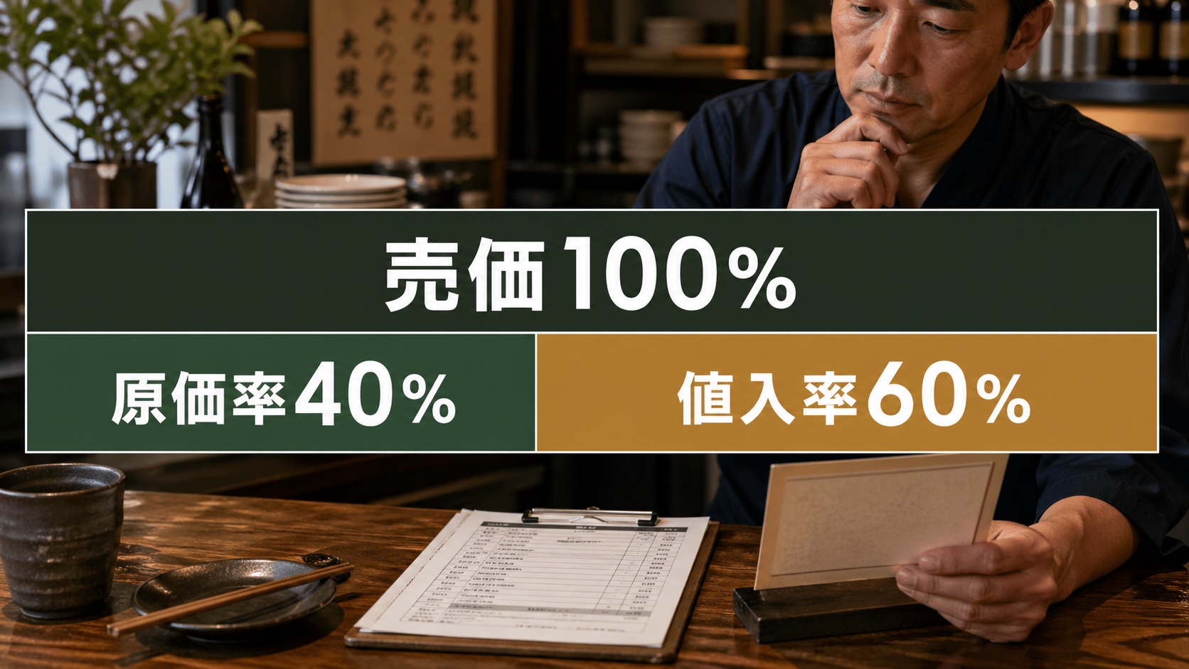 売価100%の中で原価率40%と値入率60%が足して100%になる関係