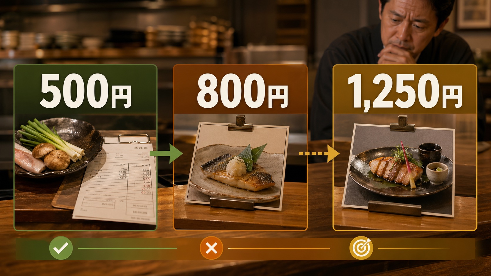 原価500円に60%上乗せすると売価800円で値入率37.5%、値入率60%を狙うなら売価1,250円になる